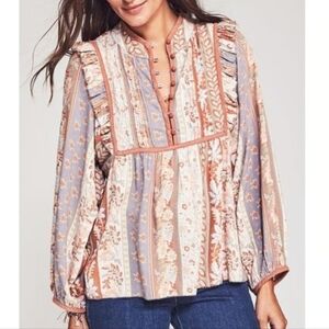 Floral Bohemian Faherty Sparrow Long Sleeve Blouse In Ashord Print Small Med